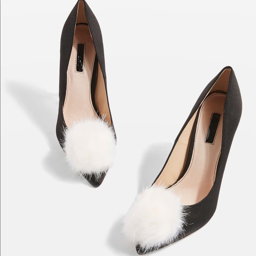 ✨🐰 TOP SHOP SATIN FAUX FUR POM HEELS sz. 40